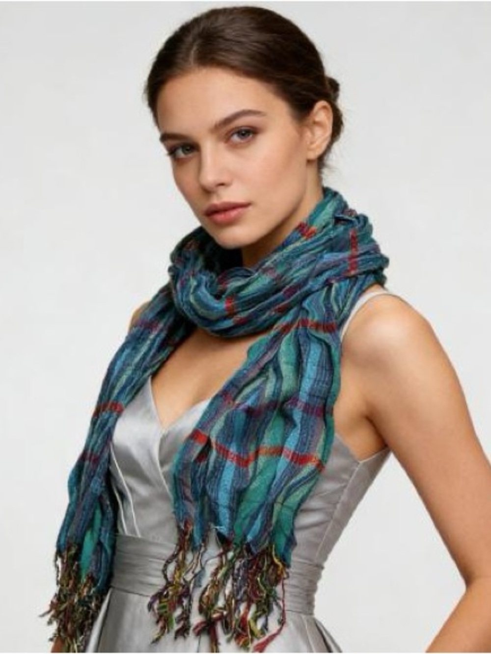 Lightweight Teal Plaid Scarf with Fringe - Women Accessories